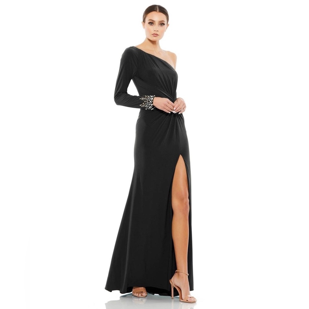 IEENA for Mac Duggal Twist Front Embellished Sleeve Jersey Gown Prom Dress